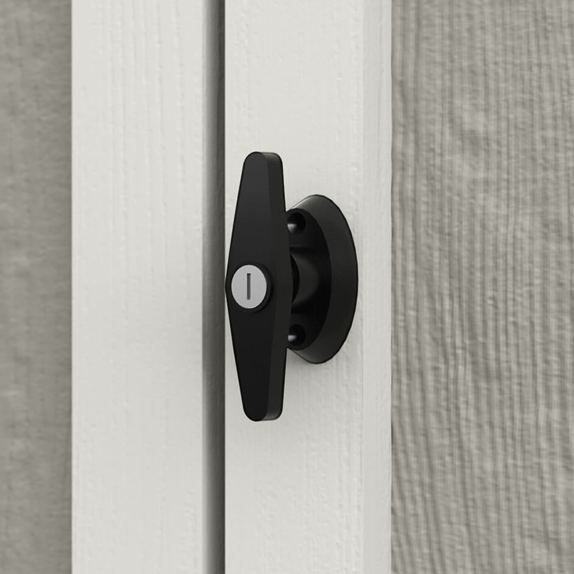 Close-up of the Aspen 12x10 shed handle, designed for easy and secure door operation