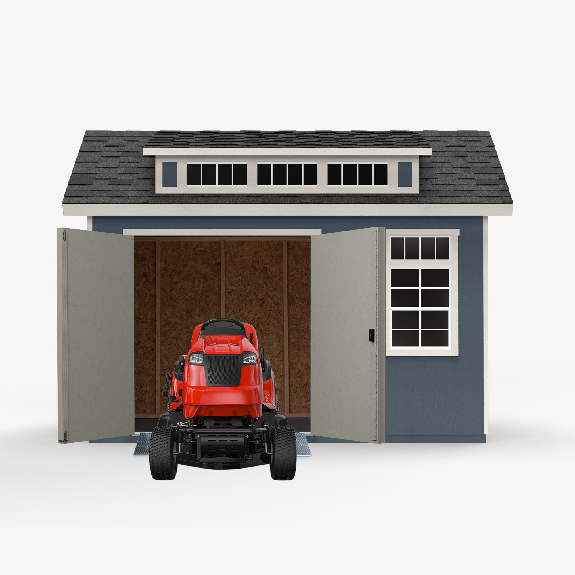 Aspen 12x10 shed with open doors, ideal for storing large equipment like a lawnmower
