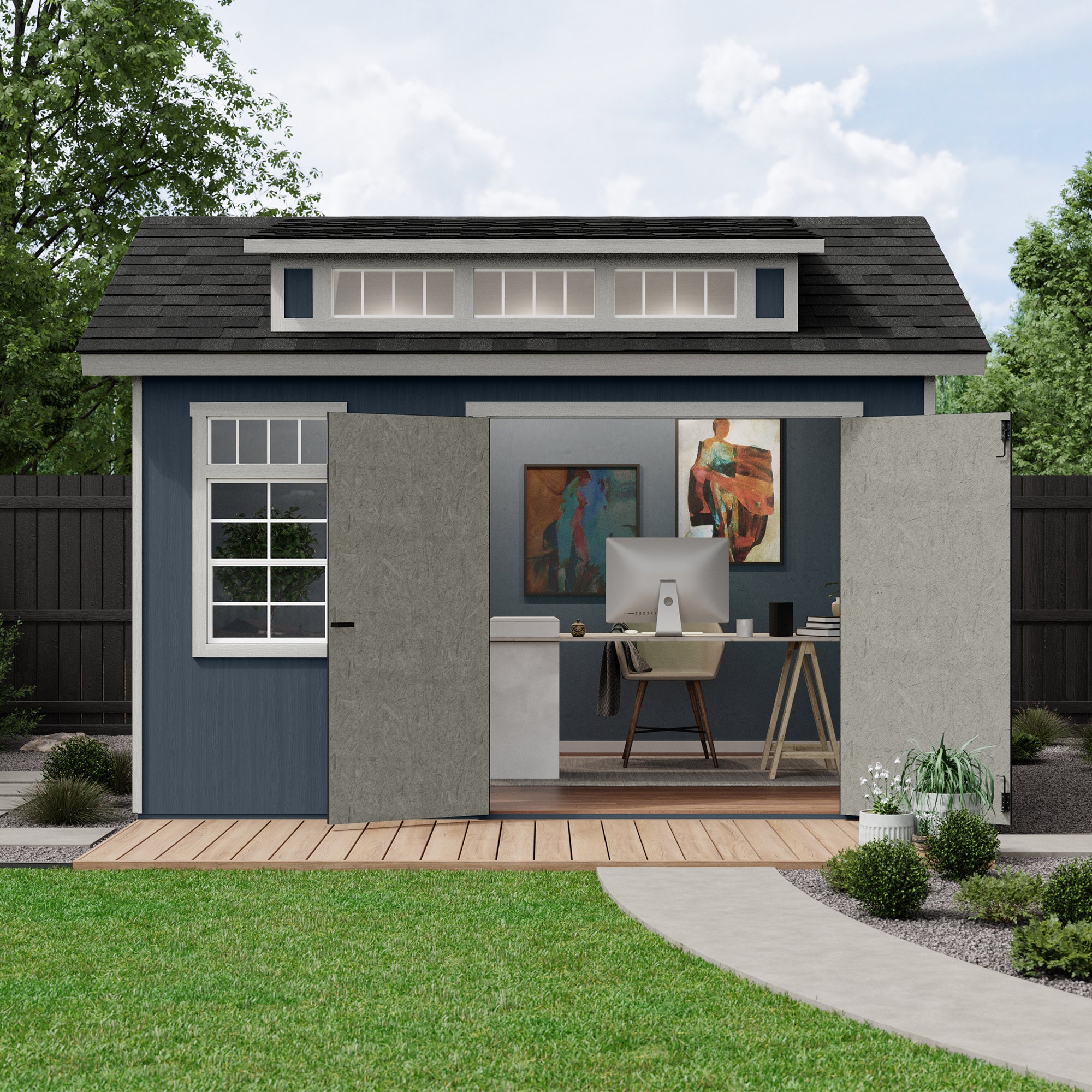 Aspen 12x10 shed with open doors, featuring a cozy interior with an office setup and creative workspace