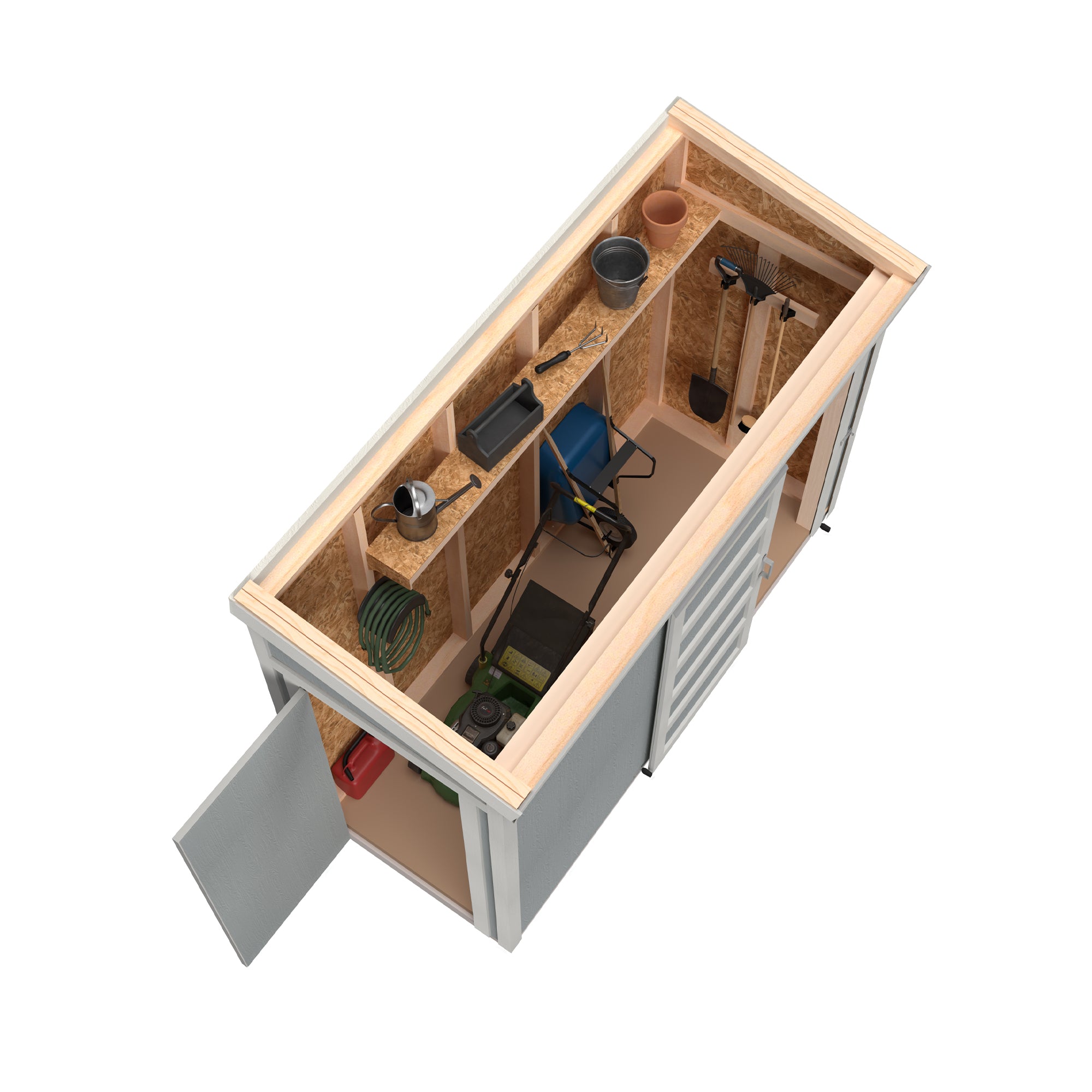 Interior of a 10x4 lean-to tool shed, organized with shelves, tools, and storage for efficient use of space