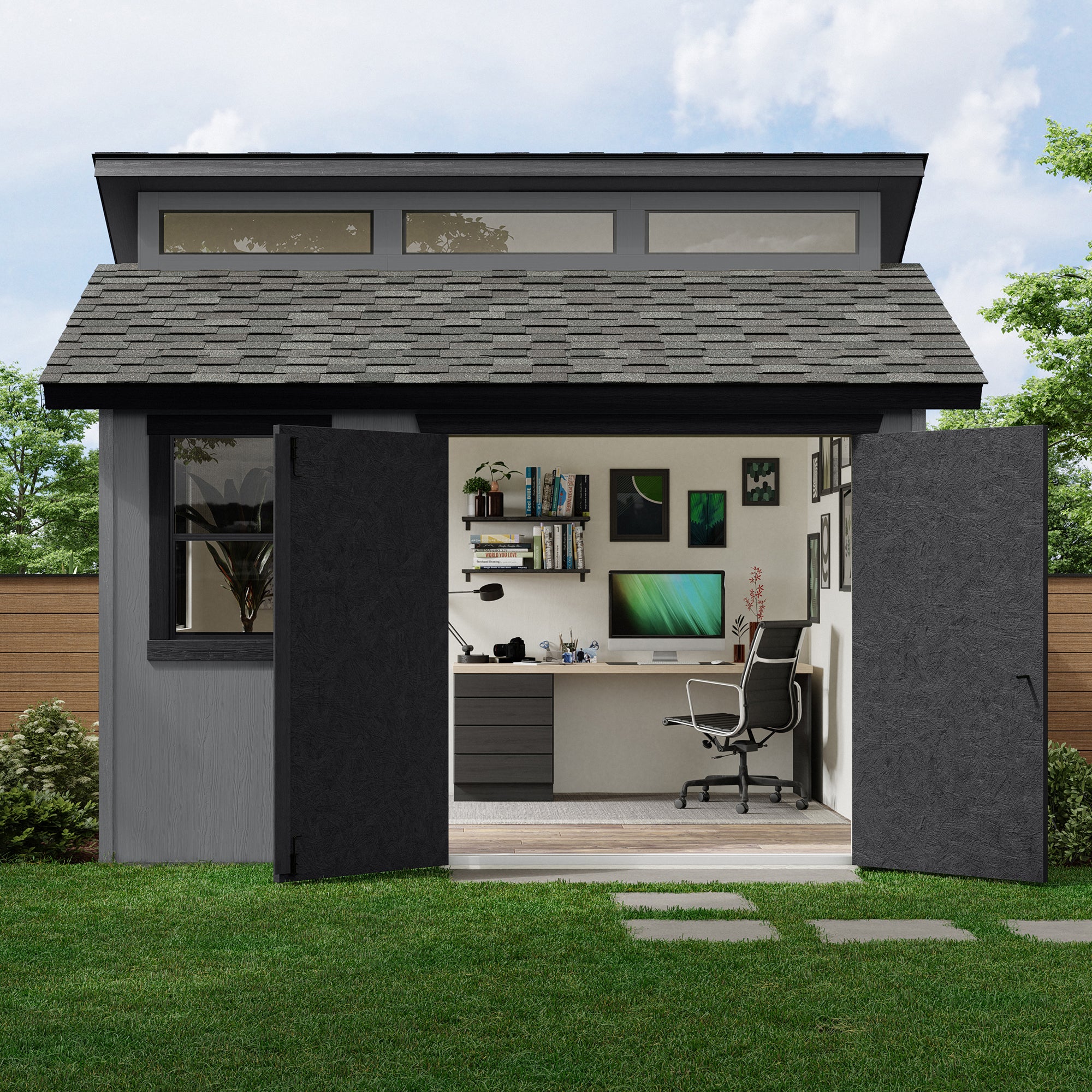 Modern backyard shed with single-slope roof, open double doors, and a bright office interior with desk and décor.