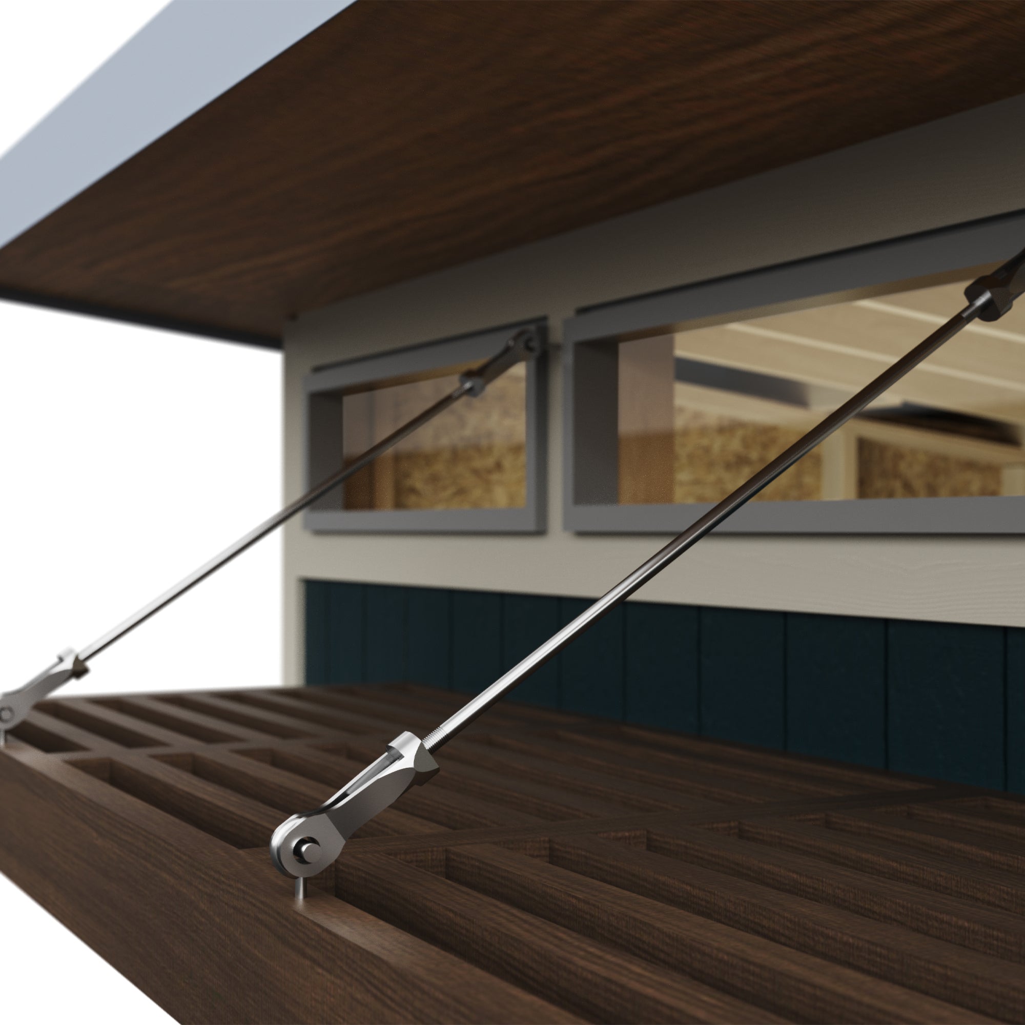 Close-up of a studio shed’s transom windows and wooden pergola accent for added style and natural light.