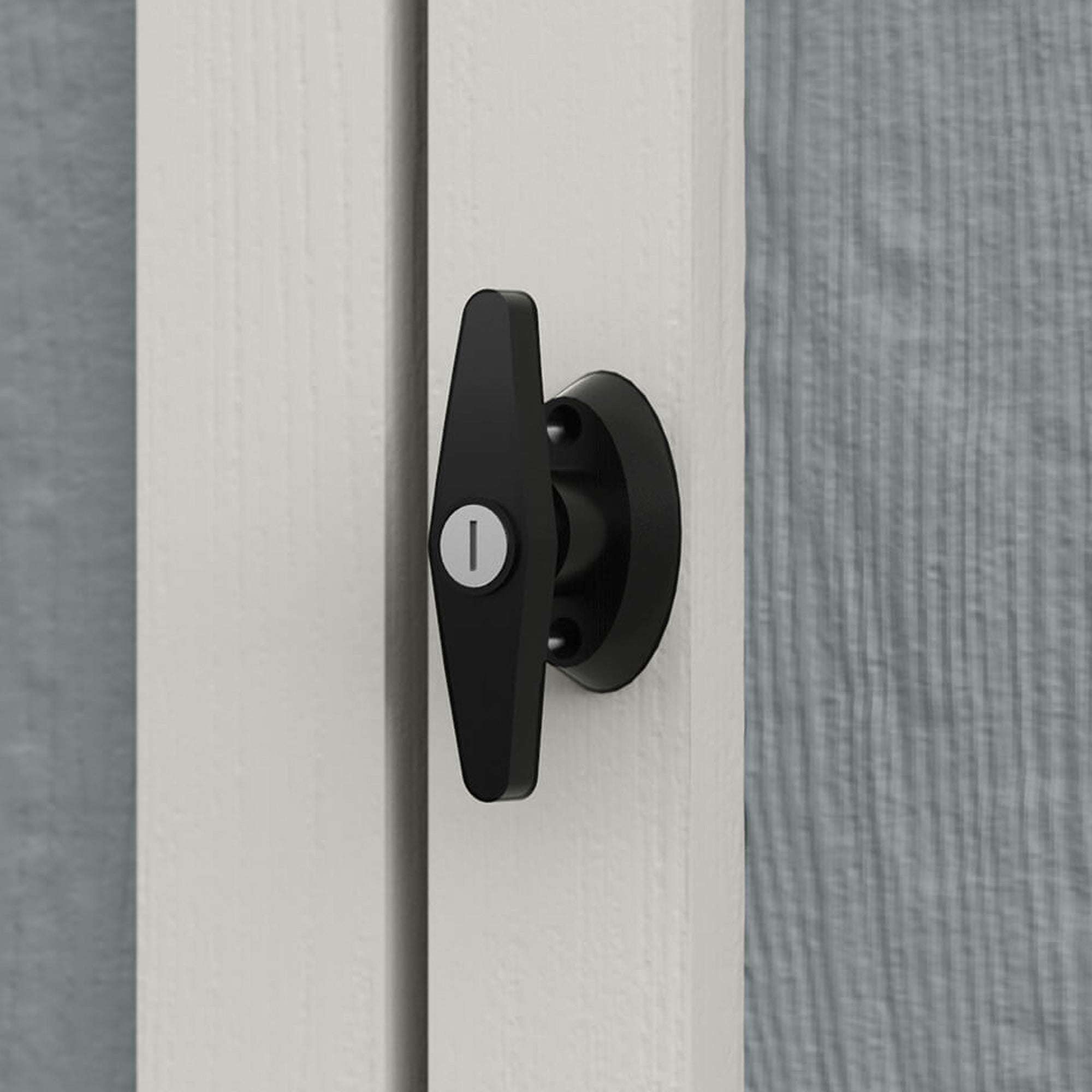Close-up of the handle on the sliding door of a 10x4 lean-to shed