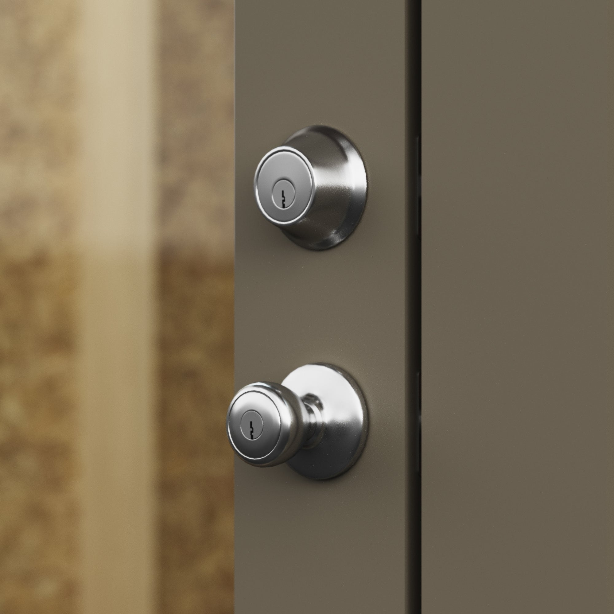 Close-up of a studio shed's French door handle, featuring a sleek design and secure locking mechanism.