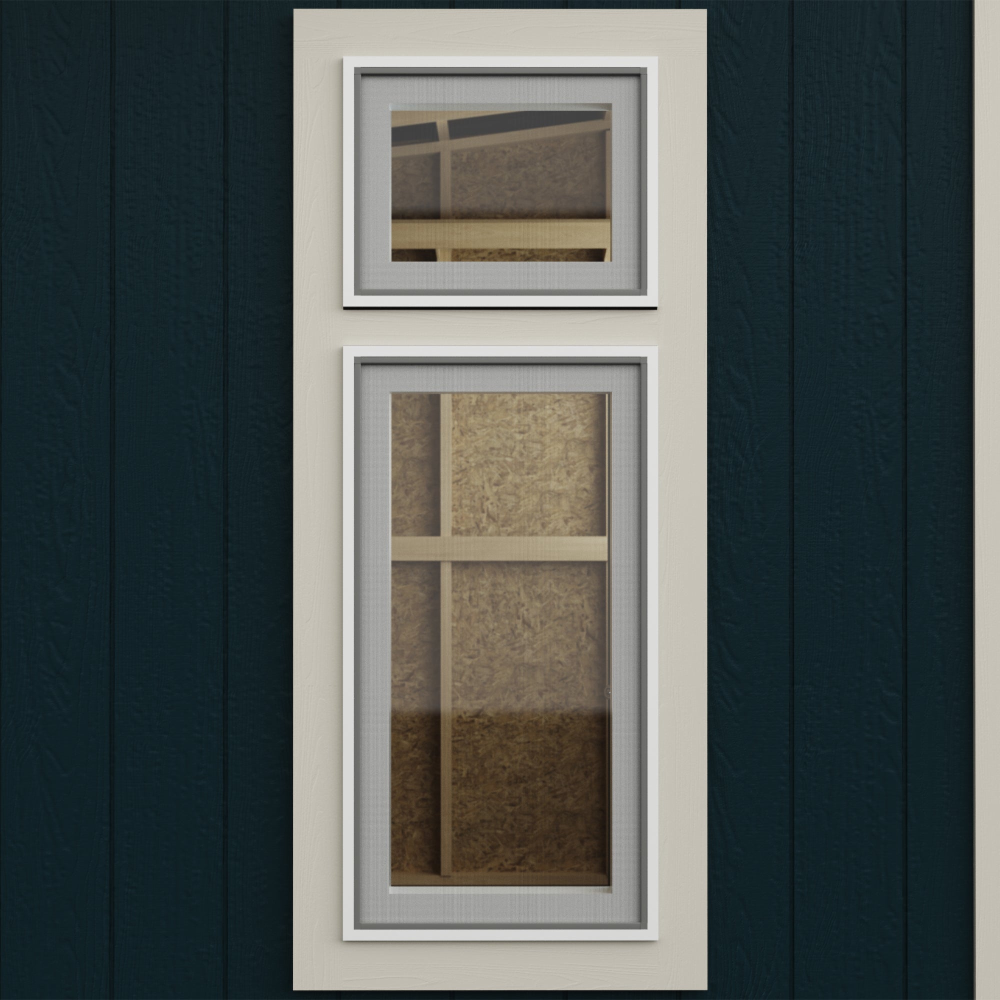 Close-up of a studio shed’s double-pane window with a sleek black frame for insulation and durability