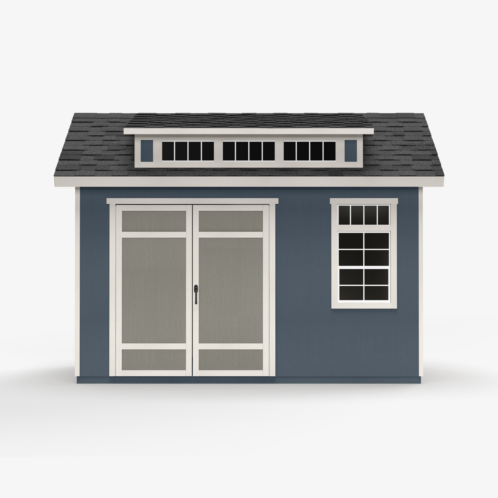 Front view of the Aspen 12x10 shed featuring double doors, windows, and a spacious design for outdoor storage