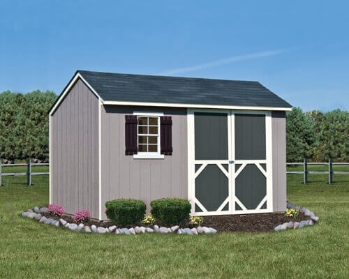 harming saltbox-style wooden shed with double doors and a window, perfect for backyard storage