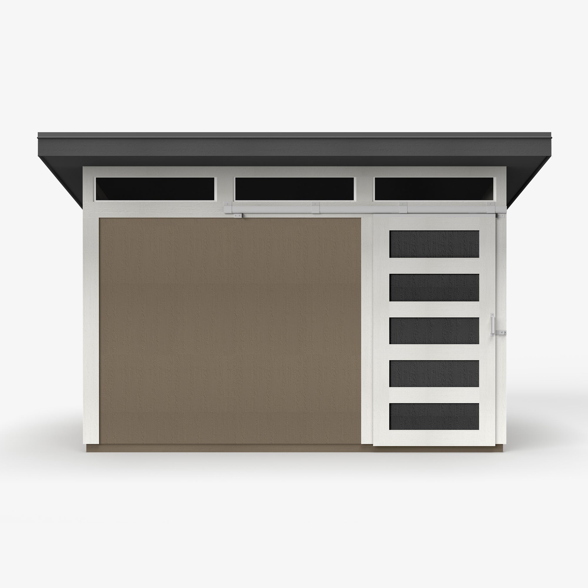 Front-facing view of the Contempo 12x8 contemporary shed showcasing storage doors