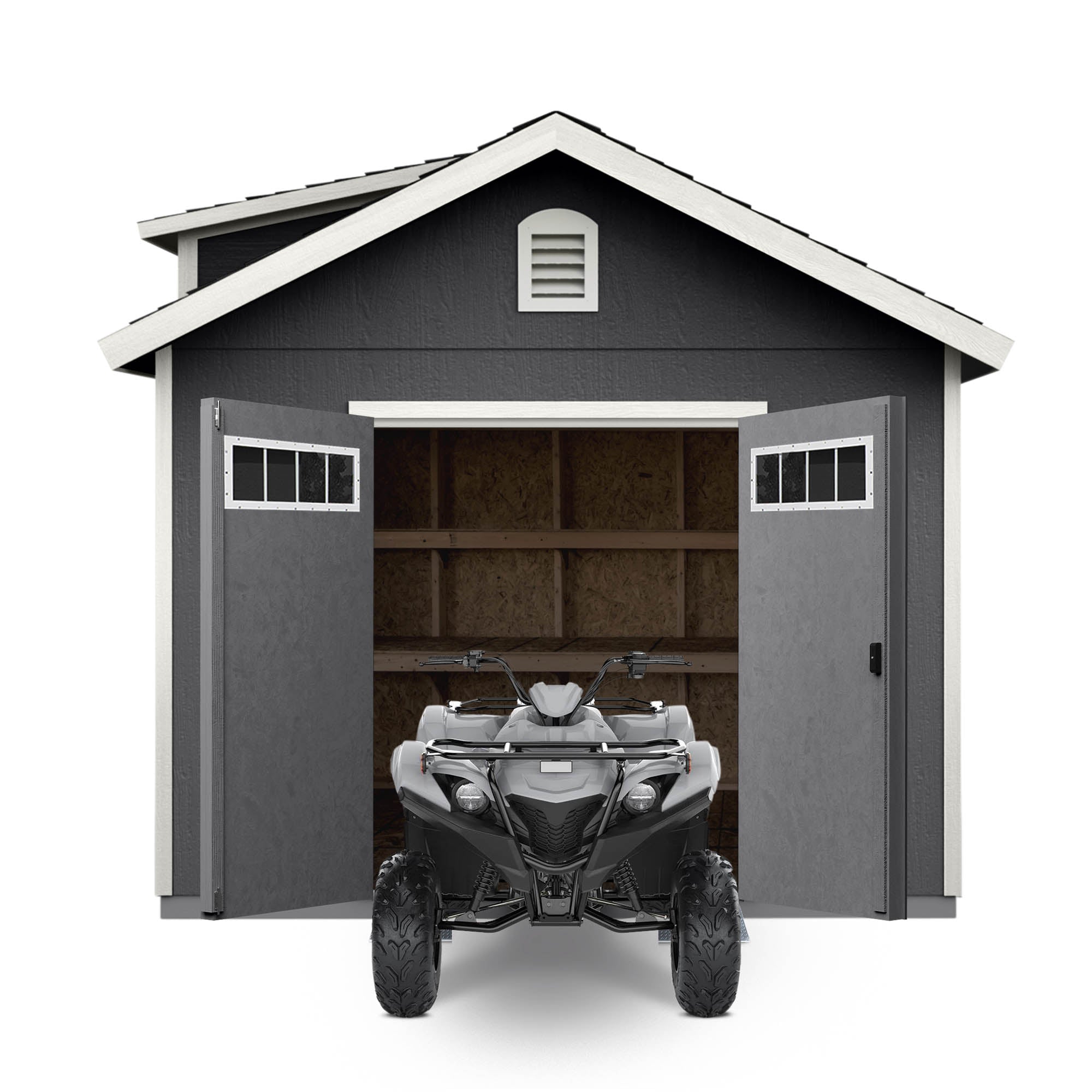 Heartland Lumina shed with open doors, revealing a spacious interior perfect for storage
