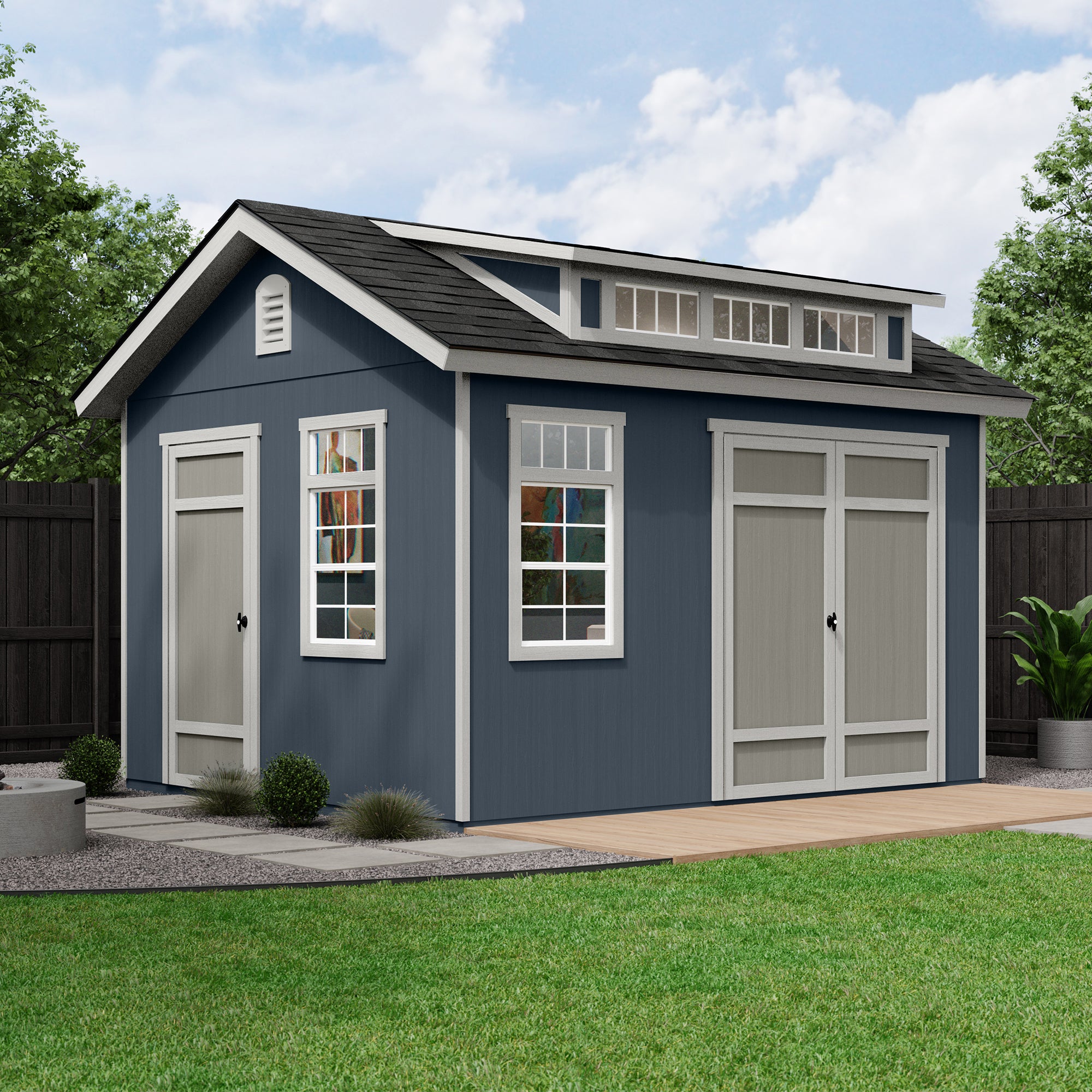 Aspen 12x10 shed with large windows and double doors, perfect for backyard storage and workspace