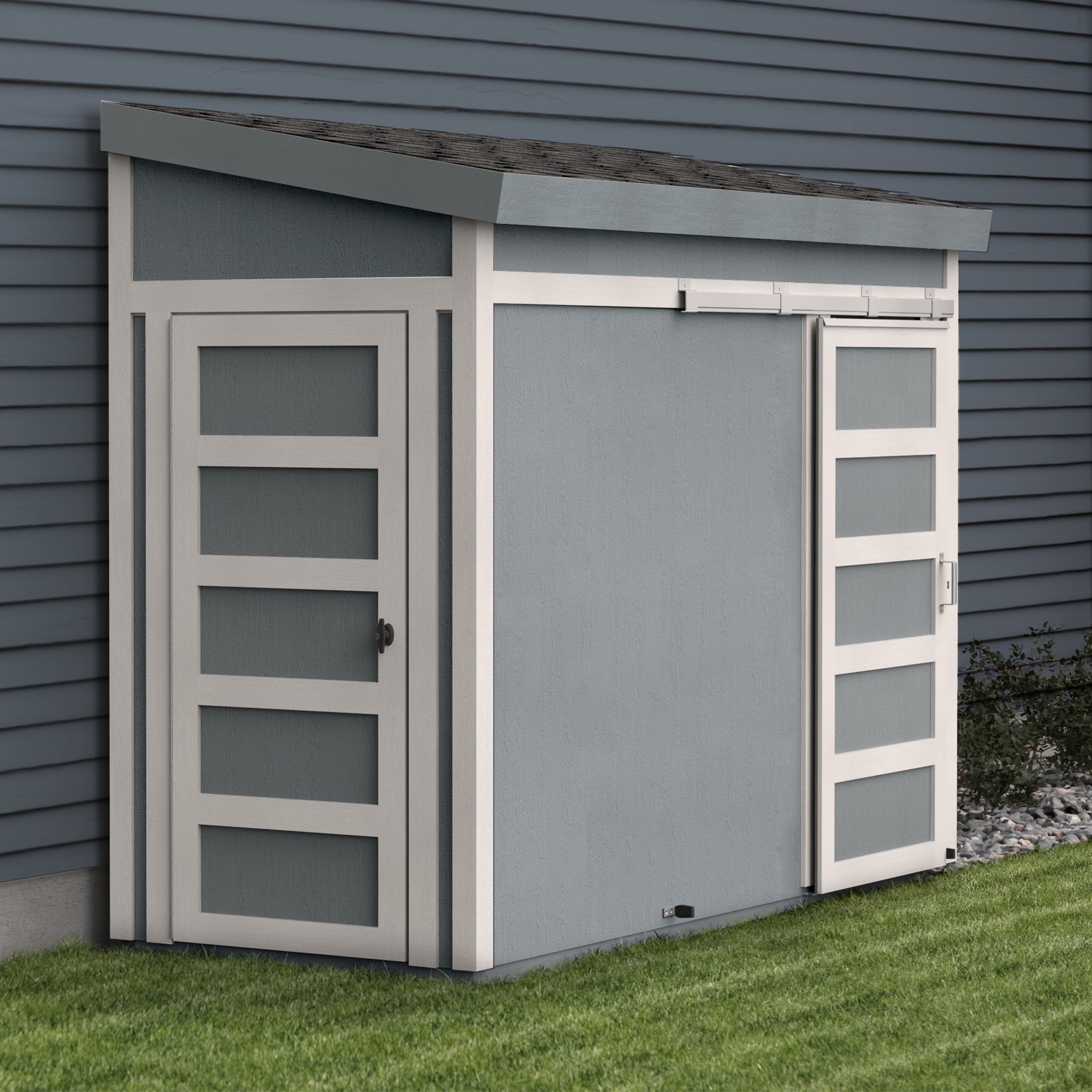 Backyard lifestyle view of a 10x4 LeanTo garden shed in a landscaped outdoor space