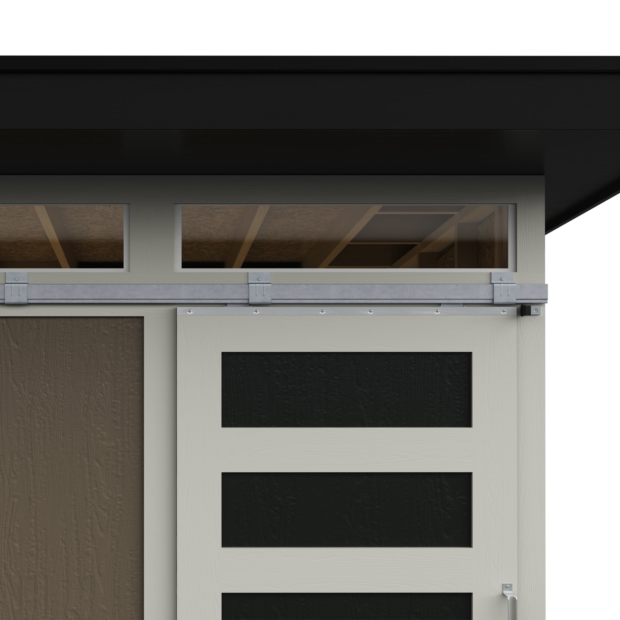 Close-up of the transom sliding door on a Contempo 12x8 contemporary shed