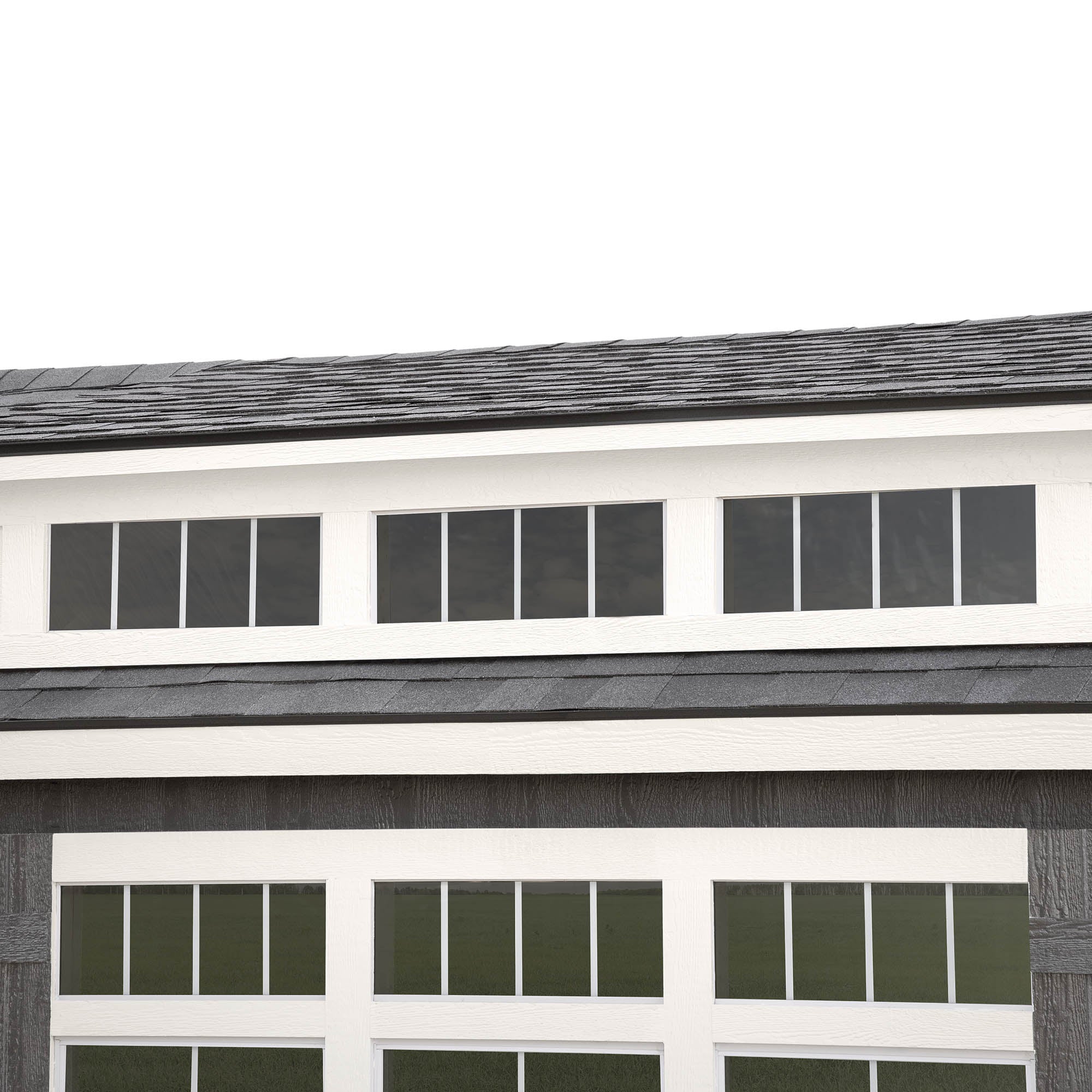 Close-up of the Lumina shed's roofline and trim, emphasizing its durable design and aesthetic appeal
