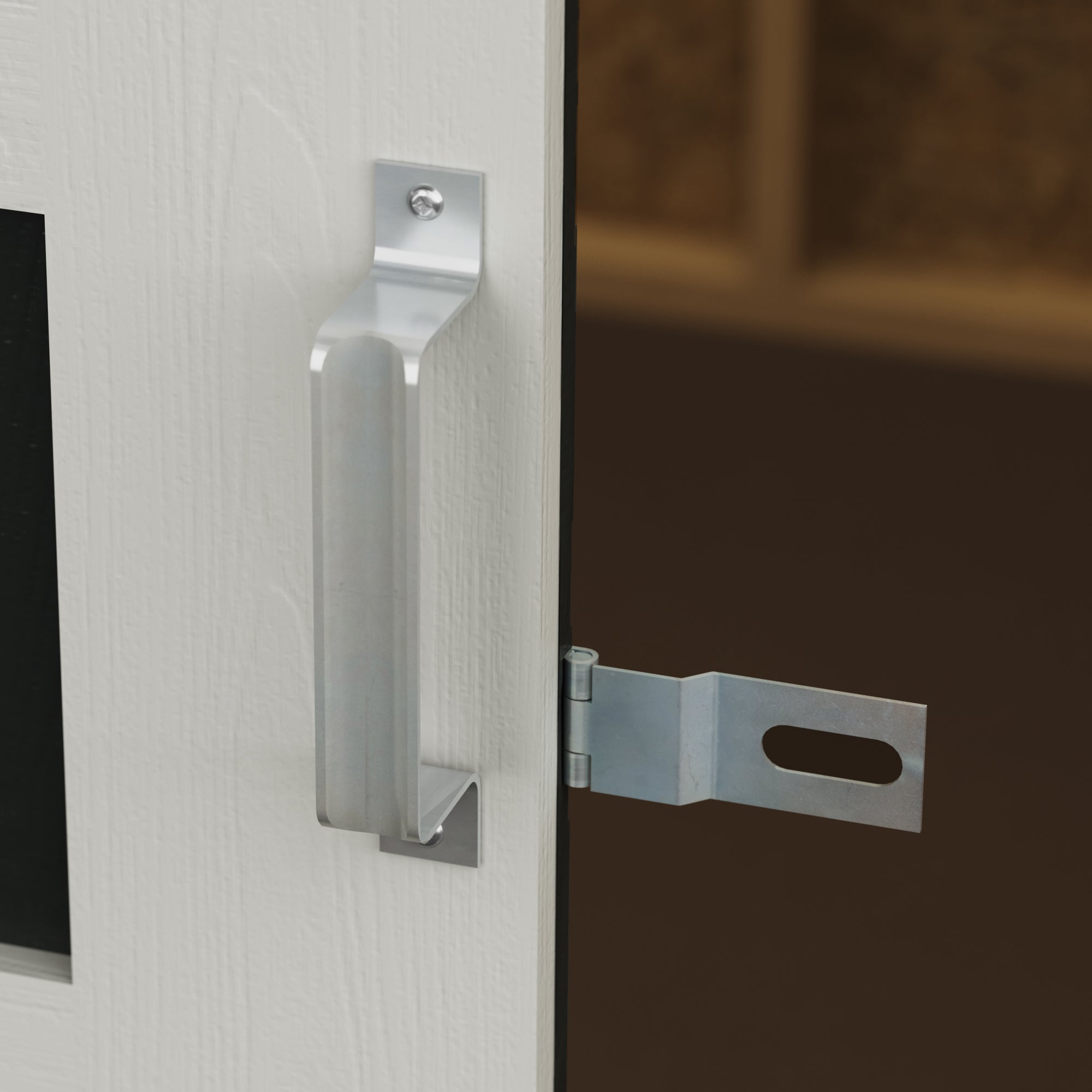 Close-up of the sliding barn door pull handle on a Contempo contemporary shed