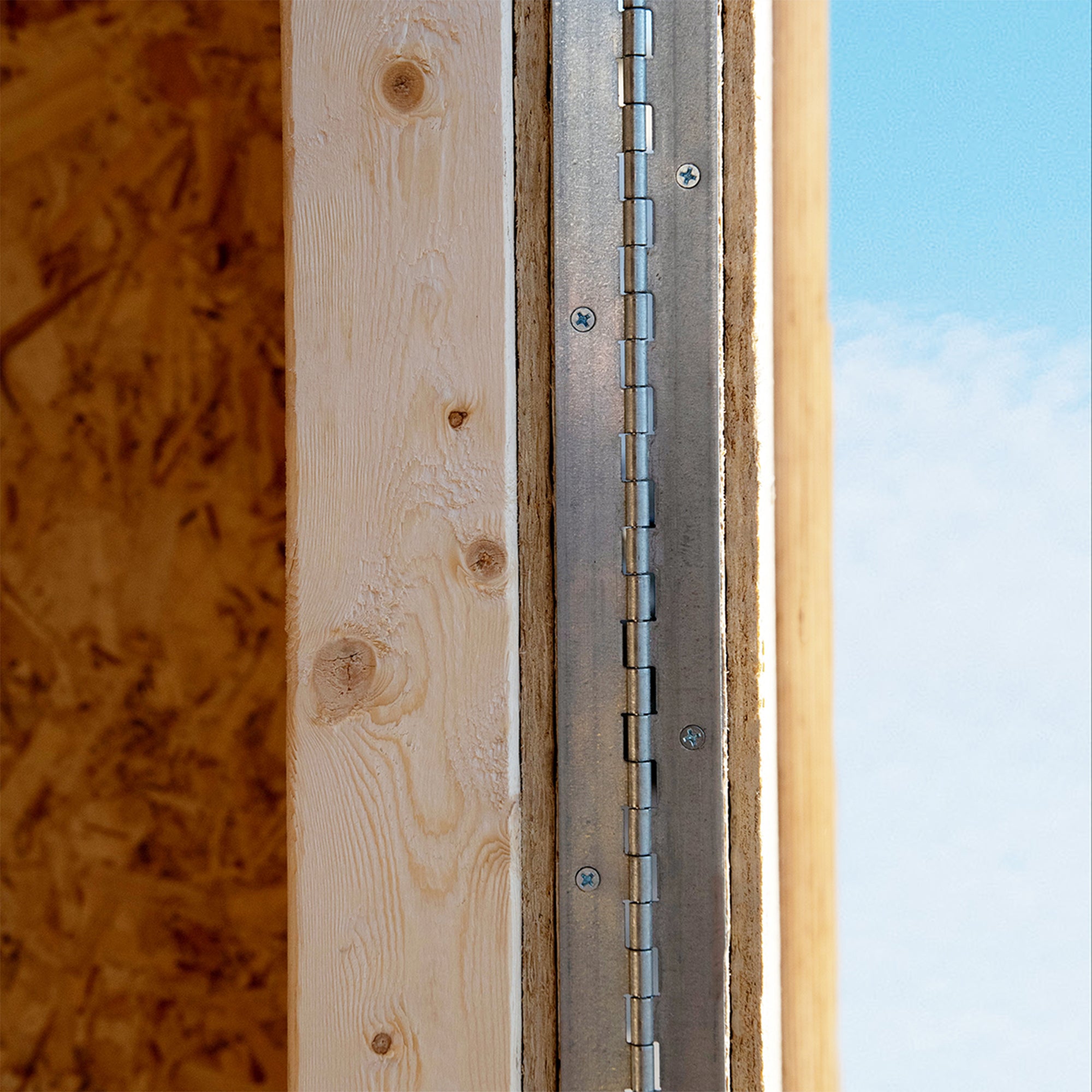 Close-up of the piano hinges inside the Heartland Shed