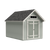 Small gray shed with a shingled roof on a white background