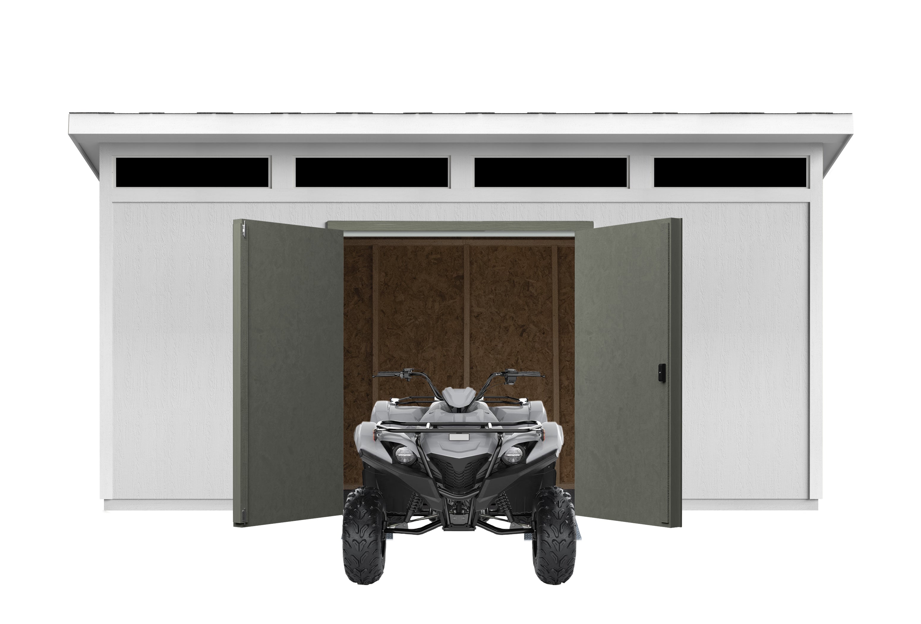 Close up of the double doors open with atv coming out