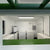 Modern kitchen with white cabinets and green beams inside bar shed