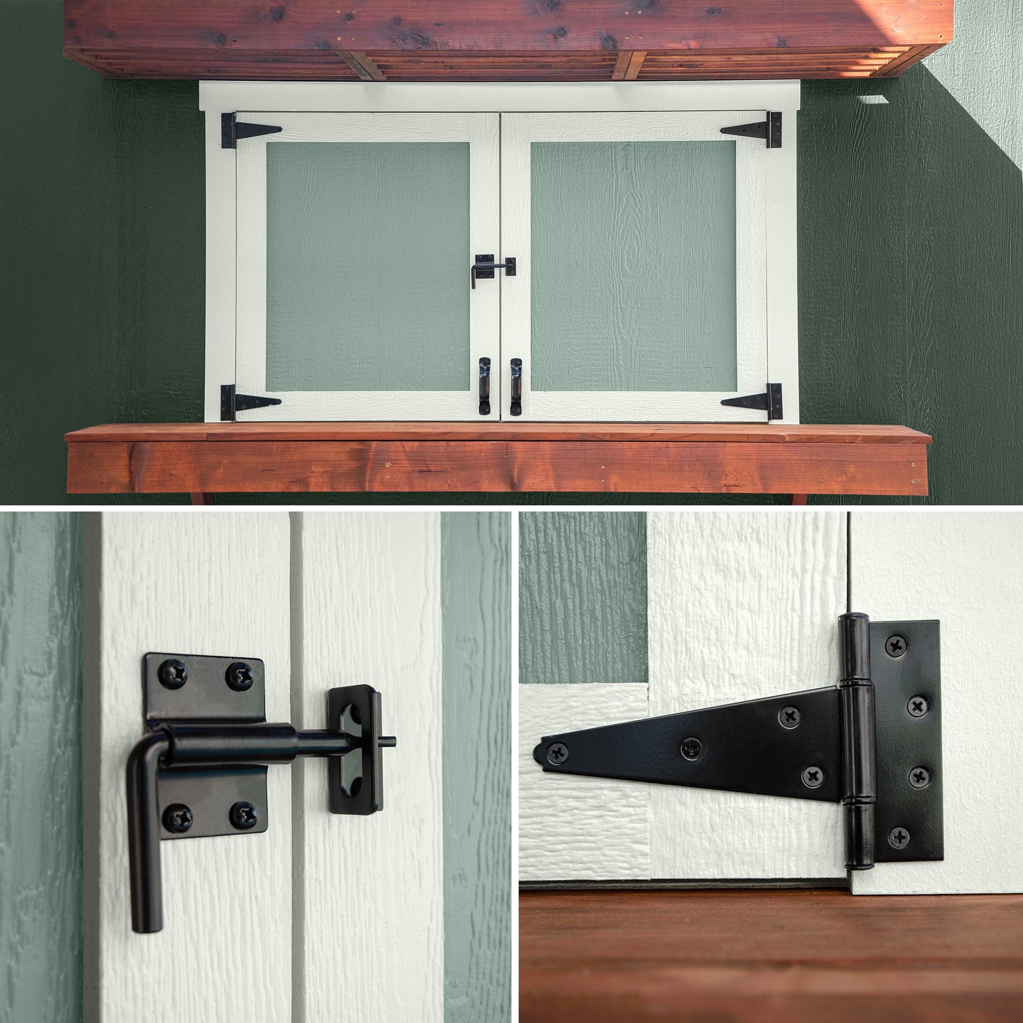 Close-up of the barn door hardware on the Pentwater Bar Shed, highlighting the sturdy metal hinges and rustic design
