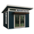 Small blue Studio-style shed with a sliding glass door on a white background