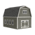Gray gambrel-style barn shed with a  window on a white background