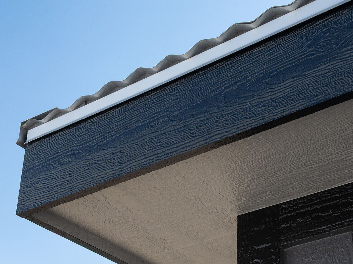 Close-up of Contempo shed featuring a sleek metal roof with clean, modern lines